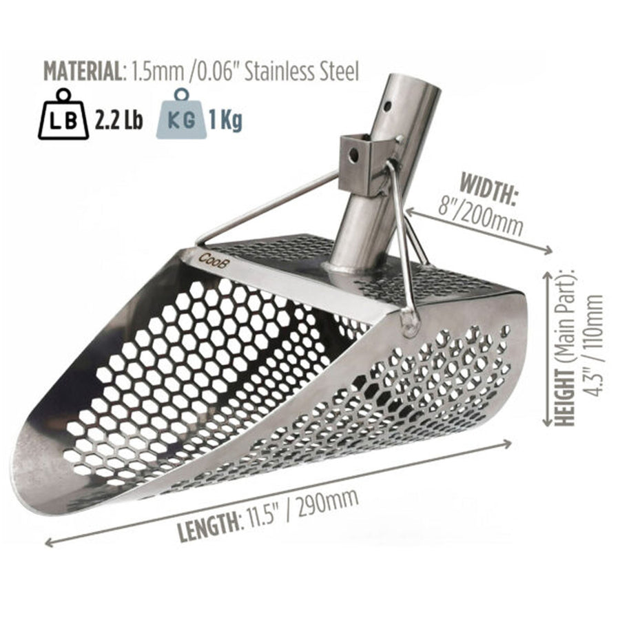 Marketing graphic with text shows the dimensions of the CooB 11.5 inch by 8 inch stainless steel sand scoop.