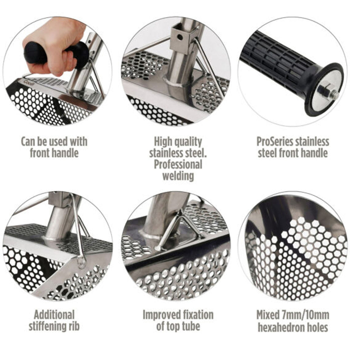 Marketing graphic shows six features of the CooB 11.5 inch by 8 inch stainless steel sand scoop.