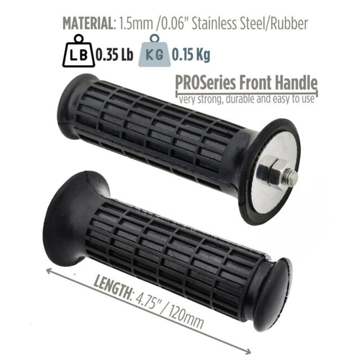 A view of the included stainless steel and rubber handle shows the 4.75 inch length and 35-pound weight capacity.