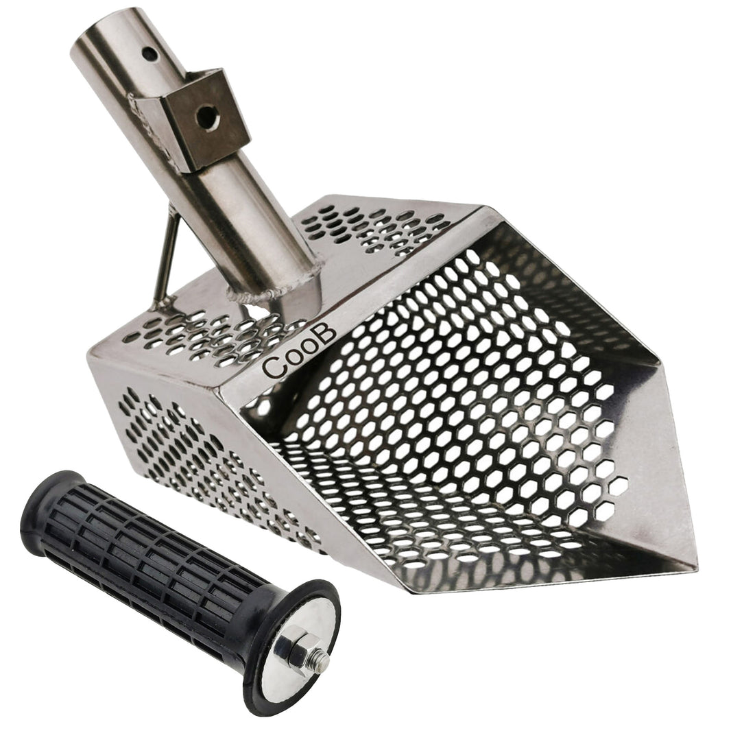 CooB 9 inch by 5.1 inch stainless steel sand scoop with hexagon hole pattern and reinforced nose for beach metal detecting