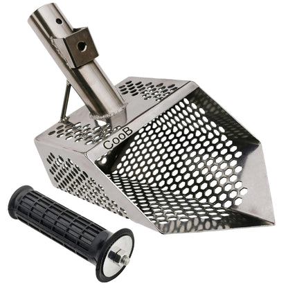 CooB 9 inch by 5.1 inch stainless steel sand scoop with hexagon hole pattern and reinforced nose for beach metal detecting