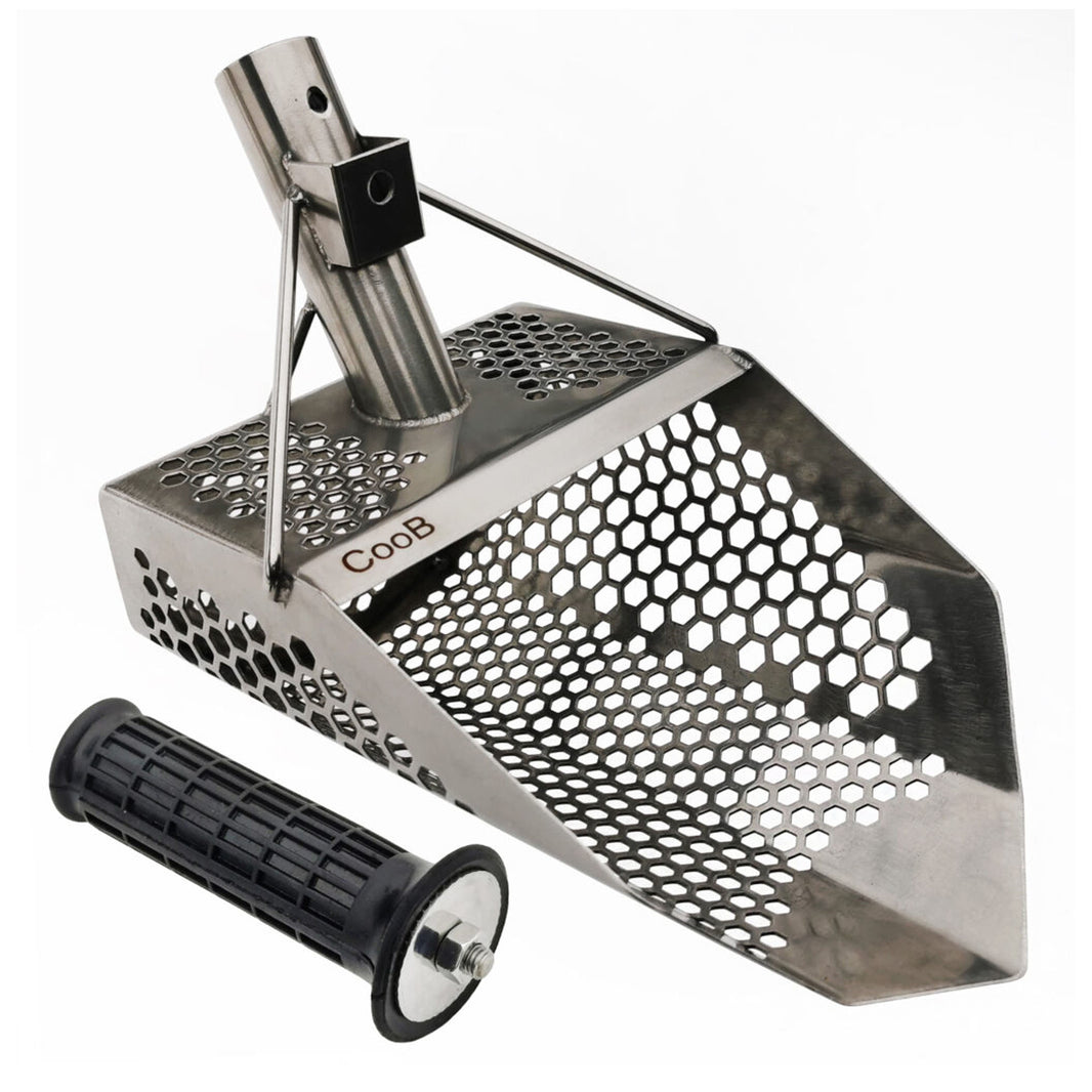 CooB 11.5 inch by 7 inch stainless steel sand scoop with mixed hexagon holes and front handle for beach metal detecting