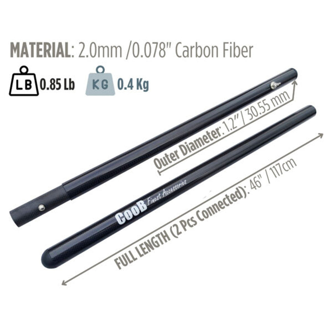 A marketing graphic shows the dimensions of the CooB Light and Strong Travel Carbon Fiber Pole Handle, full length 46 inches and outer diameter 1.2 inches.  