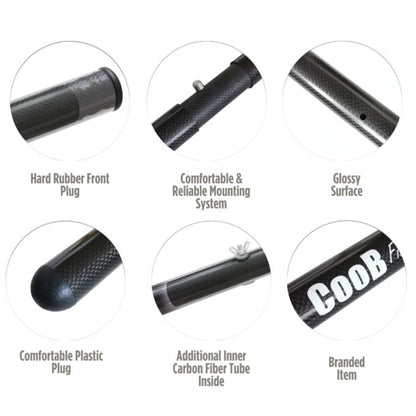 A marketing graphic shows the various features of the CooB Light and Strong Travel Carbon Fiber Pole Handle.