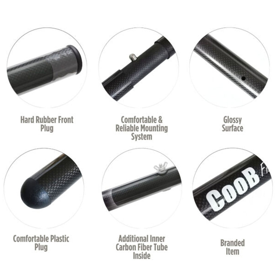 A marketing graphic shows the various features of the CooB Light and Strong Travel Carbon Fiber Pole Handle.
