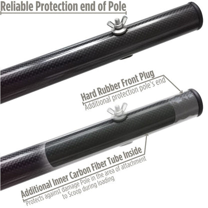 A marketing graphic shows a closeup of the CooB Light and Strong Travel Carbon Fiber Pole Handle highlighting the hard rubber front plug.