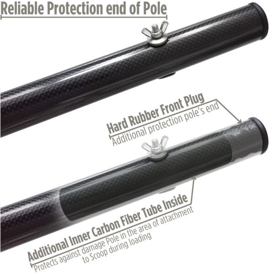 A marketing graphic shows a closeup of the CooB Light and Strong Travel Carbon Fiber Pole Handle highlighting the hard rubber front plug.