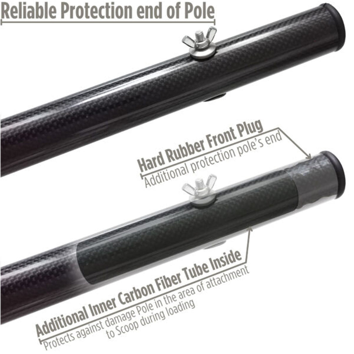 Carbon fiber tube with protective features on a white background.