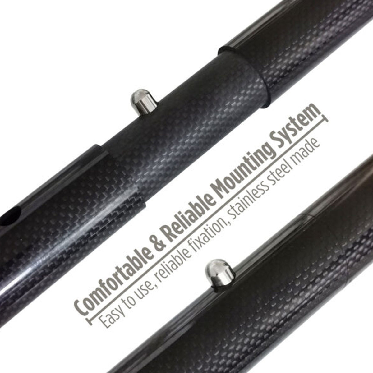 A close up view shows the click together mounting system of the CooB Light and Strong Travel Carbon Fiber Pole Handle.