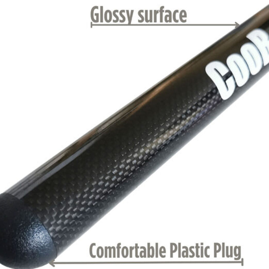 A detailed view of the glossy surface and end plug of the CooB Light and Strong Travel Carbon Fiber Pole Handle.