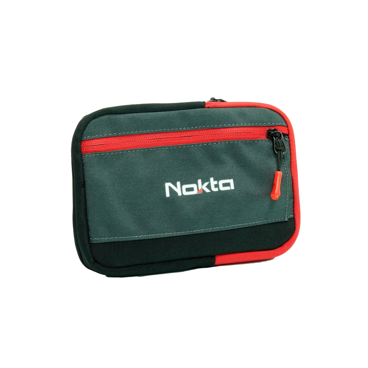 Red and black Nokta backpack worn by detectorist in outdoor setting