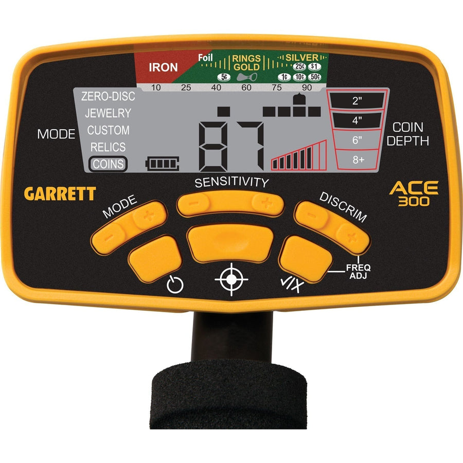 Close-up of the Garrett ACE 300 metal detector control pod.