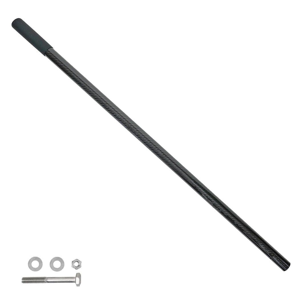A long black carbon fiber replacement scoop pole with a textured grip on one end, shown diagonally on a white background with two silver mounting hardware pieces at the bottom left.