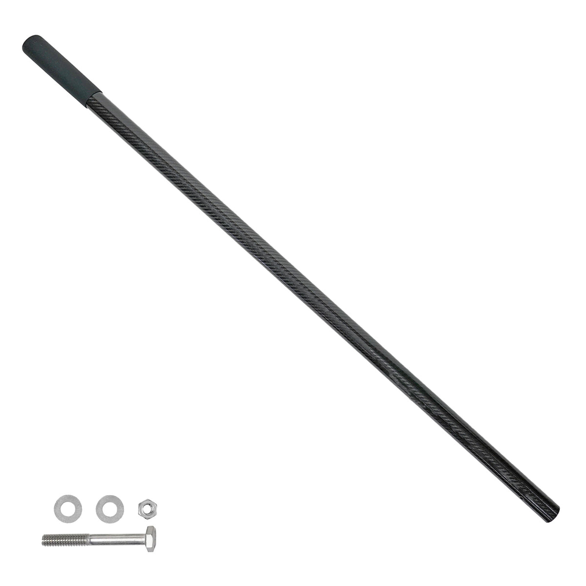 A long black carbon fiber replacement scoop pole with a textured grip on one end, shown diagonally on a white background with two silver mounting hardware pieces at the bottom left.