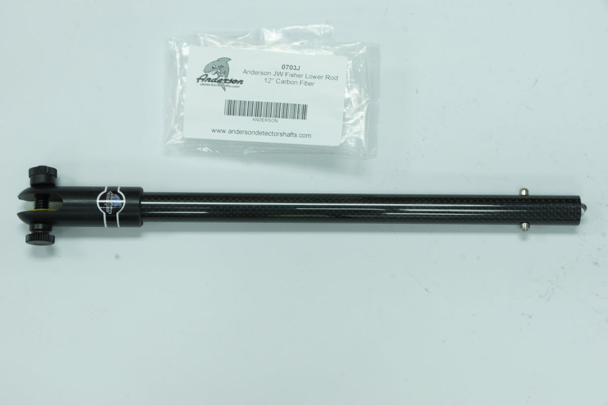 The Anderson 12 inch Carbon Fiber Lower Rod for Fisher Detectors shown with hardware and packaging, against a white background. 