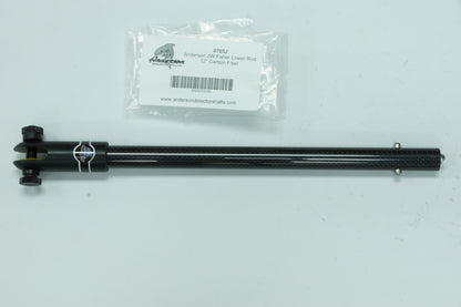 The Anderson 12 inch Carbon Fiber Lower Rod for Fisher Detectors shown with hardware and packaging, against a white background. 