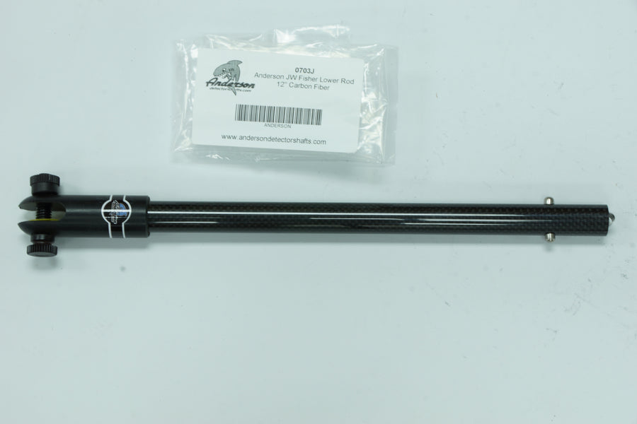 The Anderson 12 inch Carbon Fiber Lower Rod for Fisher Detectors shown with hardware and packaging, against a white background. 