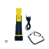 A yellow and black handle shown with a black USB charging cable, a black carabiner with a coiled strap, and a rubber gasket on a plain white background.