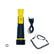 A yellow and black handle shown with a black USB charging cable, a black carabiner with a coiled strap, and a rubber gasket on a plain white background.