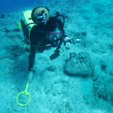 A female scuba diver with a camera and a PulseDive metal detector searching the ocean floor for lost treasure