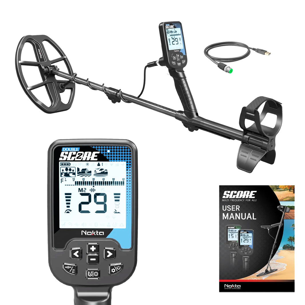 Nokta Double Score multi-frequency metal detector with SC30 waterproof coil and carbon-fiber shaft on white background
