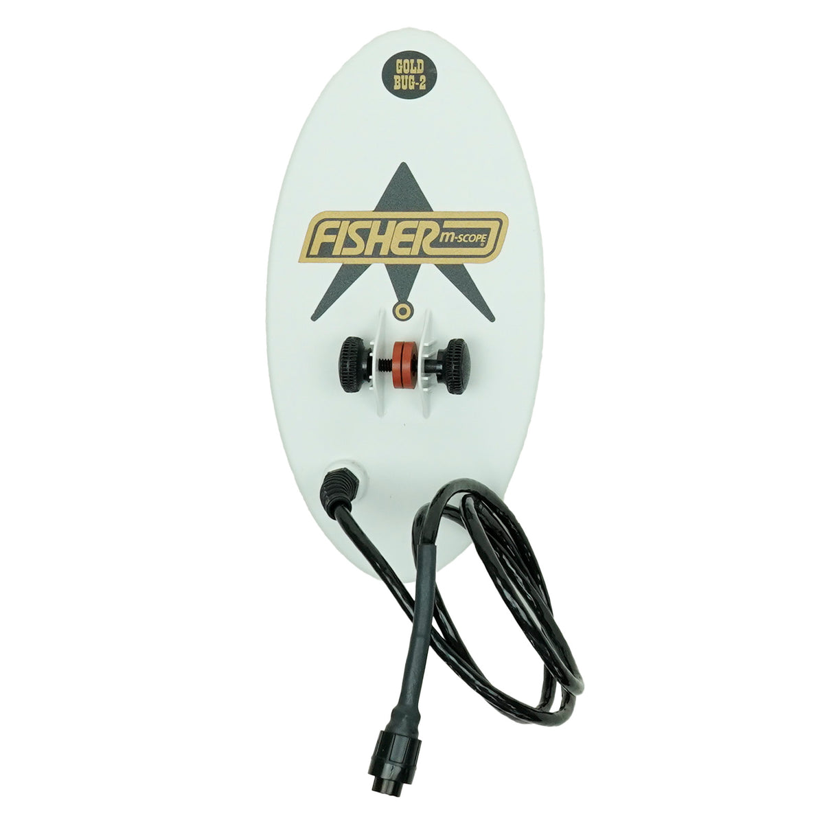 A white oval search coil with a black cord, featuring the 'Fisher M-Scope' logo and a 'Gold Bug 2' badge on a clean white background.