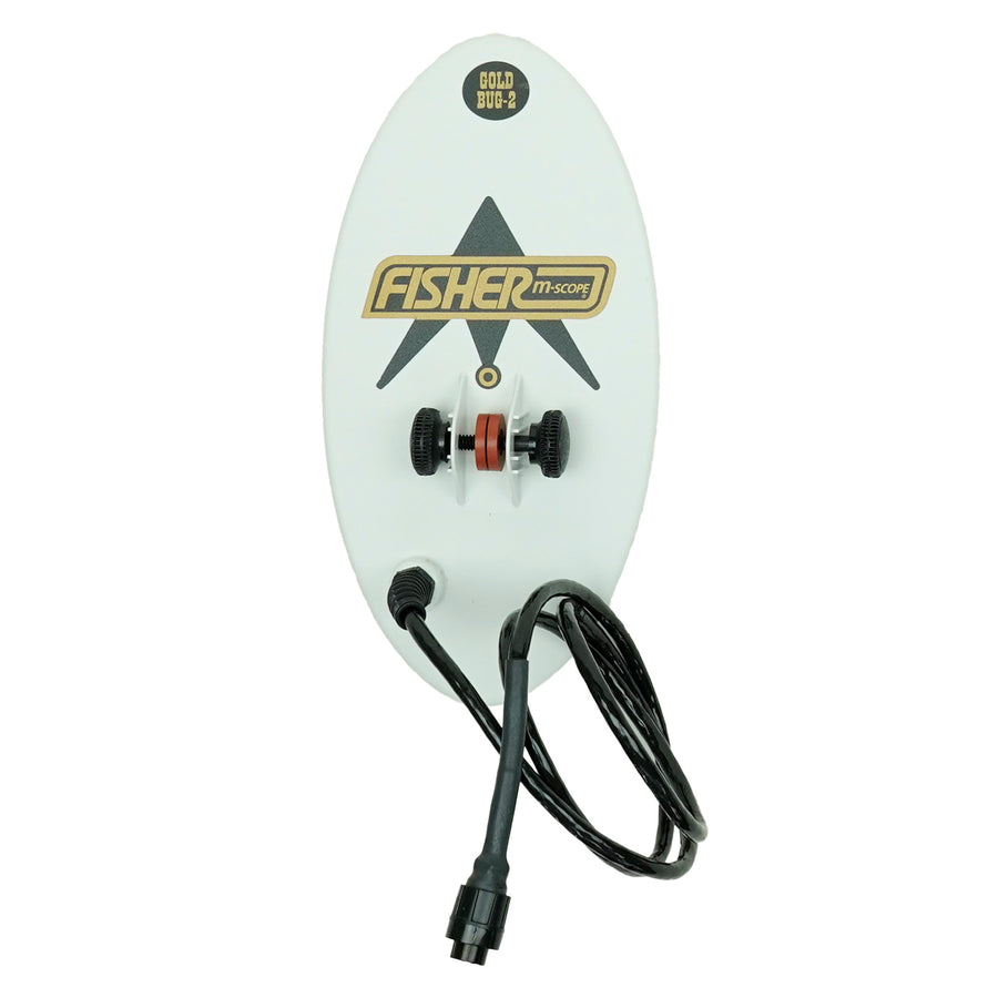 A white oval search coil with a black cord, featuring the 'Fisher M-Scope' logo and a 'Gold Bug 2' badge on a clean white background.