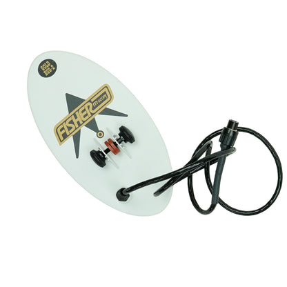 A white oval search coil with a black cord, featuring the 'Fisher M-Scope' logo and a 'Gold Bug 2' badge on a clean white background.