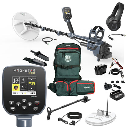 Nokta Magnetar 9000 complete kit: detector with MG37 coil, MG29 coil, Bluetooth headphones, backpack, two batteries, chargers, hipstick and digger