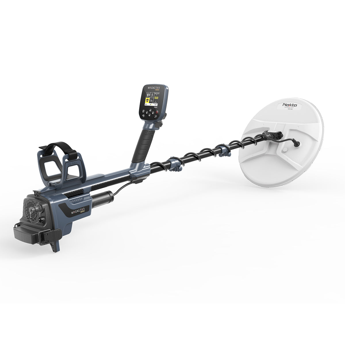 Nokta Magnetar 9000 pulse induction detector angled view with white MG37 14.5 x 13 in coil and armrest