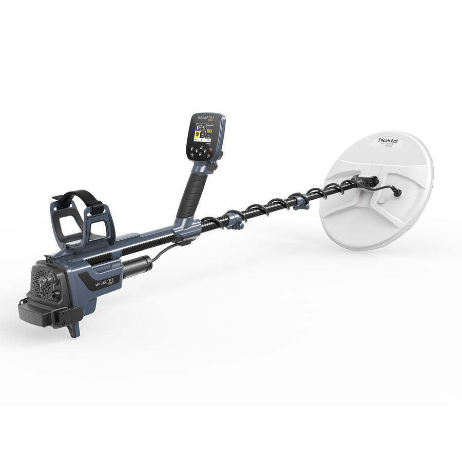 Nokta Magnetar 9000 pulse induction detector angled view with white MG37 14.5 x 13 in coil and armrest