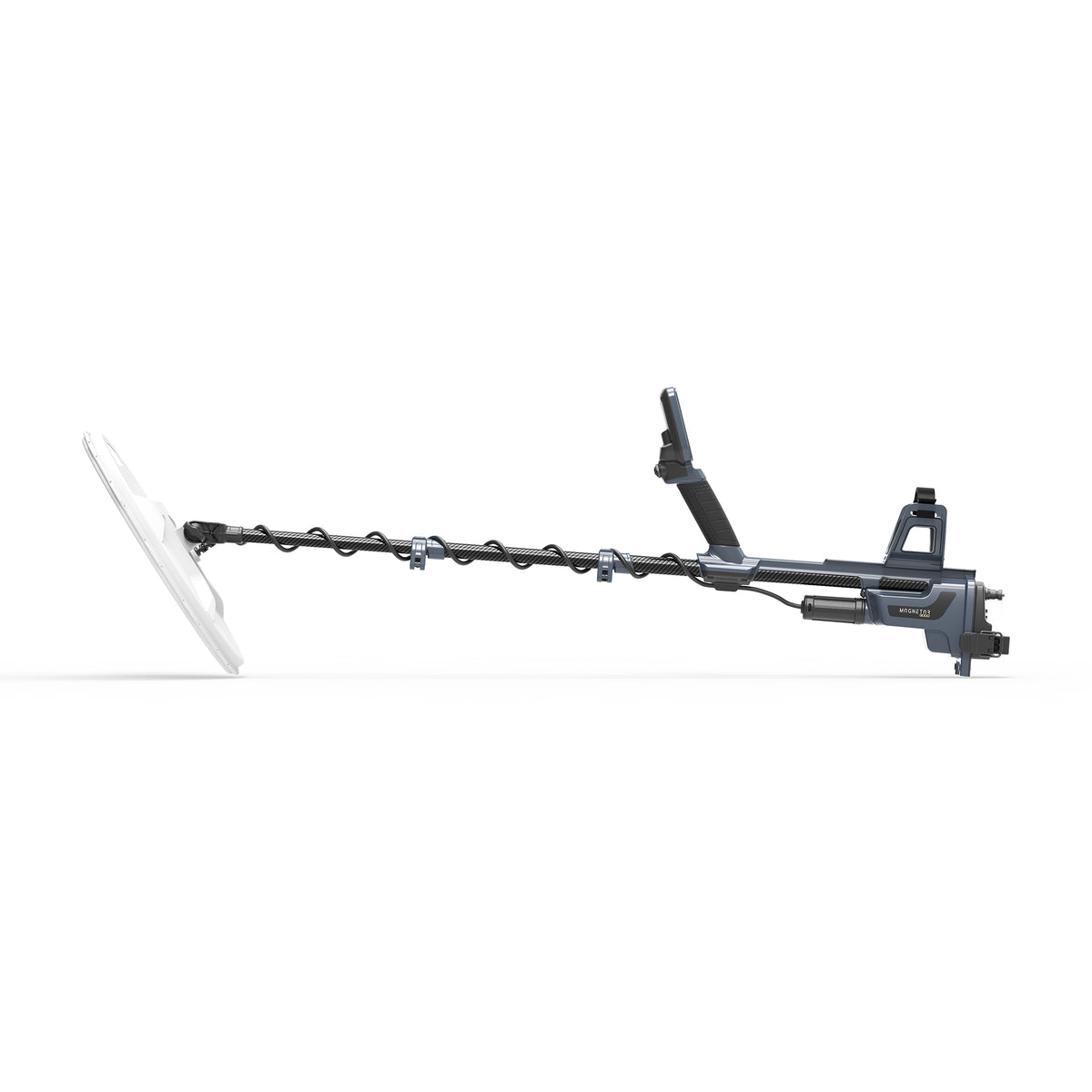 Nokta Magnetar 9000 side view fully extended with MG37 coil, coil to the left