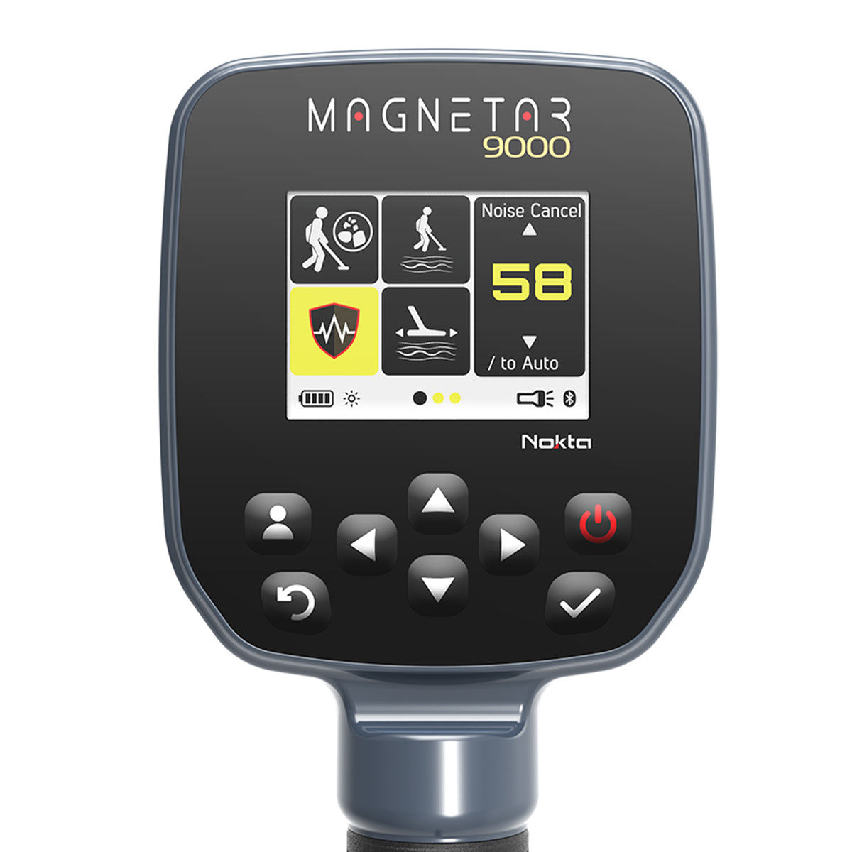 Nokta Magnetar 9000 control box showing the full-color display with search mode icons, noise cancel and sensitivity 58