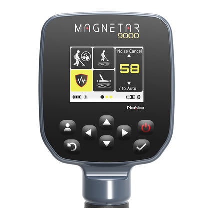 Nokta Magnetar 9000 control box showing the full-color display with search mode icons, noise cancel and sensitivity 58