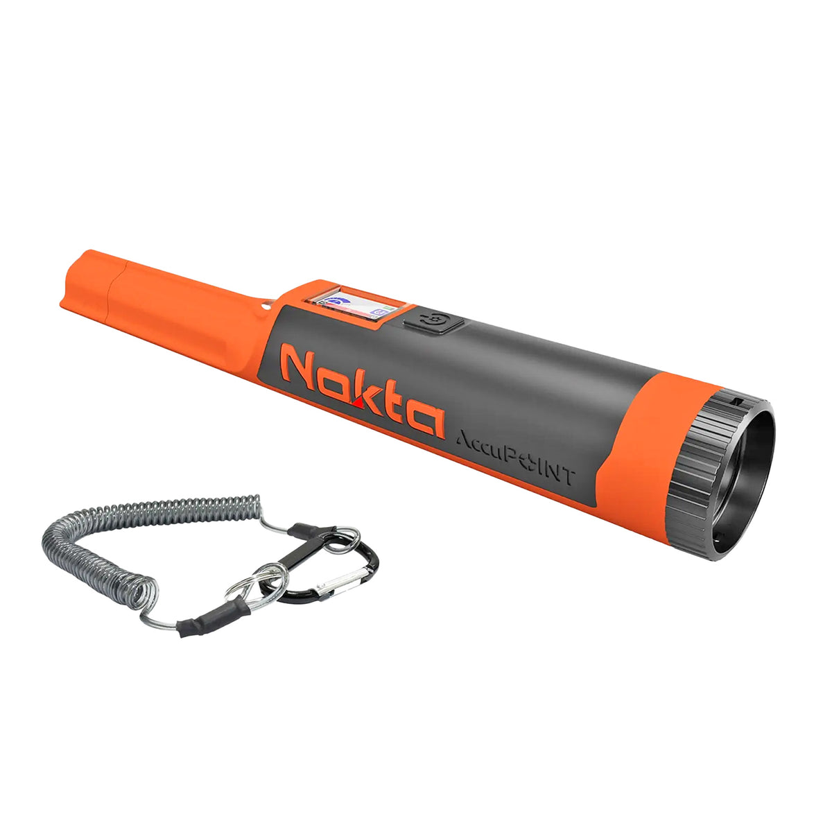 Nokta Accupoint Lite waterproof pinpointer in orange and dark gray, shown with its coiled wrist strap on a white background.