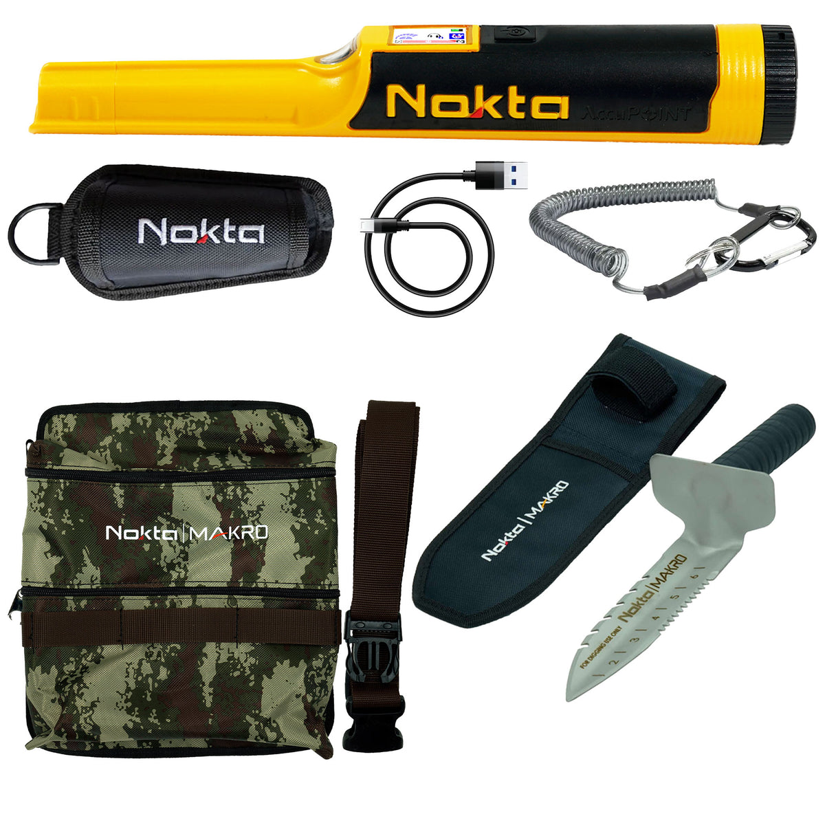 Nokta AccuPOINT bundle with digger tool and camo pouch on white background