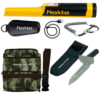Nokta AccuPOINT bundle with digger tool and camo pouch on white background