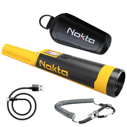 Nokta AccuPOINT Bluetooth LCD waterproof pinpointer with included holster, USB charging cable and lanyard.