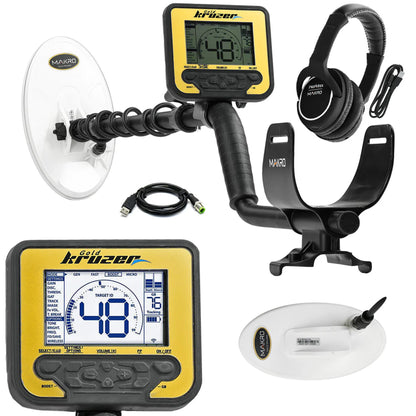 black and yellow Open Box Gold Kruzer metal detector with two white search coils, headphones, charge cords, control box  with screen on white background.