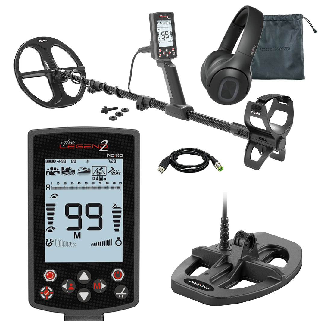 Nokta Legend 2 SMF waterproof metal detector with dual DD coils and adjustable shaft on white background