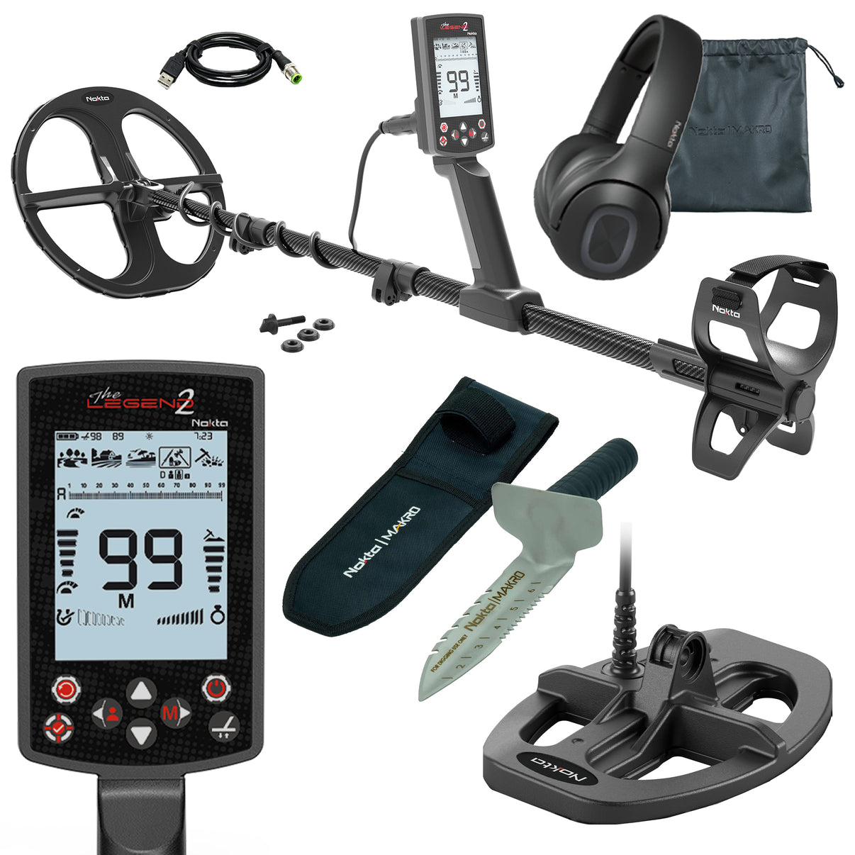 Nokta Legend 2 with Metal Detector, two coils, headphones, digger and holster, and metal detecting accessories