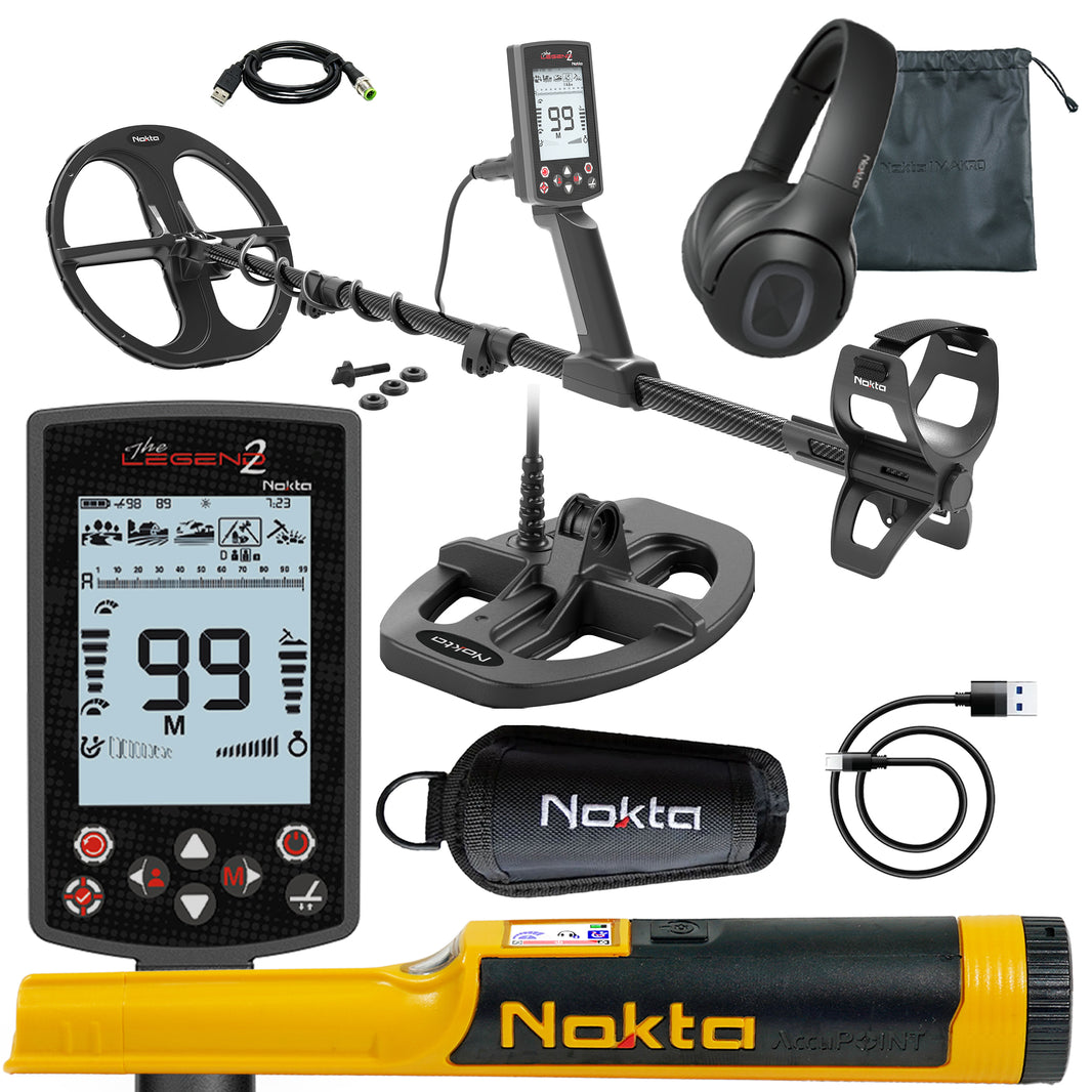 Nokta Legend 2 metal detector bundle with dual coils, headphones, free pinpointer and other accessories