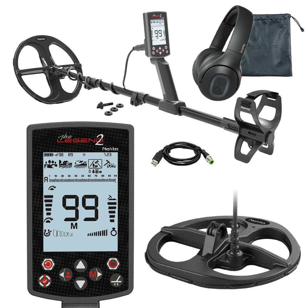 Nokta Legend 2 metal detector with three waterproof DD search coils displayed
