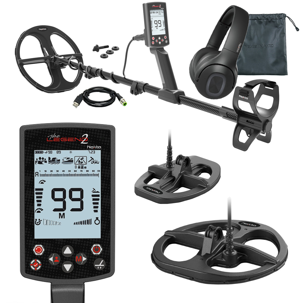 A black metal detector kit shown on a white background, including a control box with a digital display, a large coil, a headset, a charging cable, a small drawstring bag, and two additional coil views.