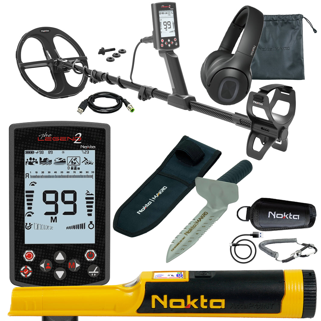 Nokta Legend 2 bundle with LD28 and LD21 coils, AccuPOINT pinpointer, premium digger and Bluetooth headphones