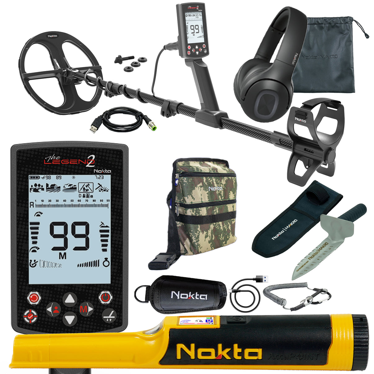 Nokta Legend 2 metal detector bundle with pinpointer, digger and finds pouch on white background
