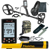 Nokta Legend 2 metal detector bundle with pinpointer, digger and finds pouch on white background