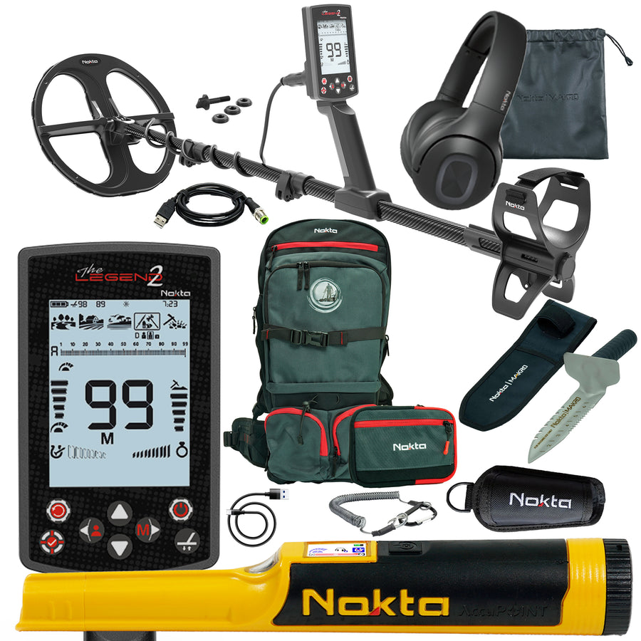 Complete Nokta Legend 2 metal detector bundle with pinpointer, backpack and digging tools