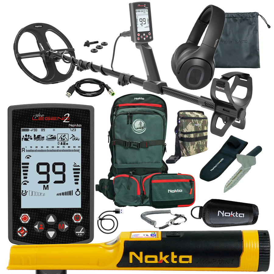 Complete Nokta Legend 2 metal detector bundle with pinpointer, digger, backpack and accessories laid out