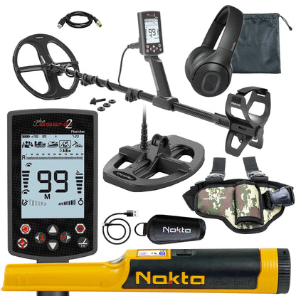 The Nokta Legend 2 SMF Waterproof Detector with Dual Coils, Accupoint Pinpointer, Leg Holster, headphones and other accessories, shown on a white background. 